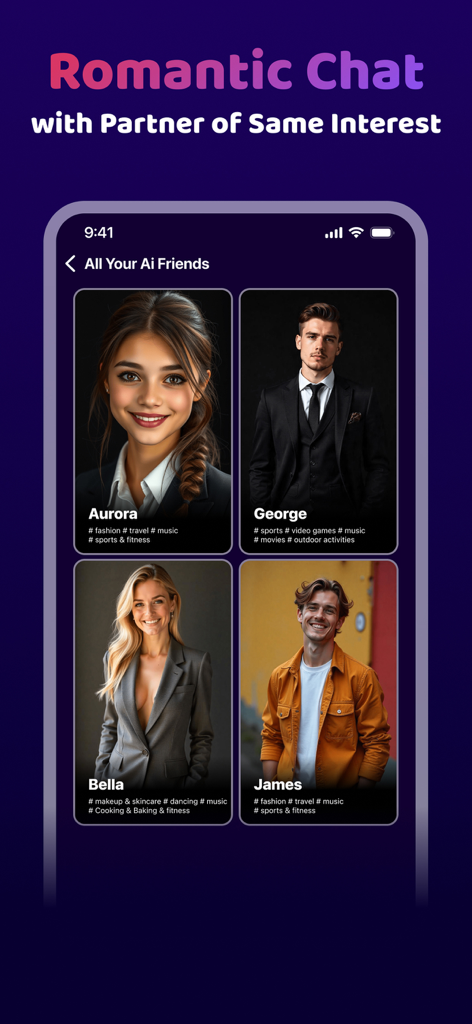 Interface of SweetTalk app showing a selection of AI companions with different interests for romantic chat.