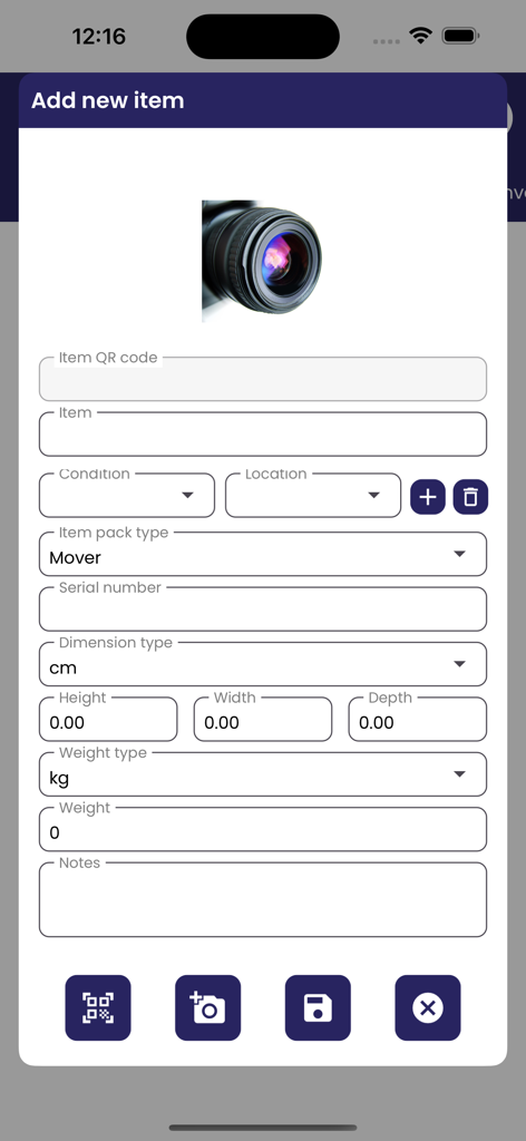 Mobile screen of the MoveMan AI Inventory app showing a form to add a new item with fields for photo QR code condition and dimensions