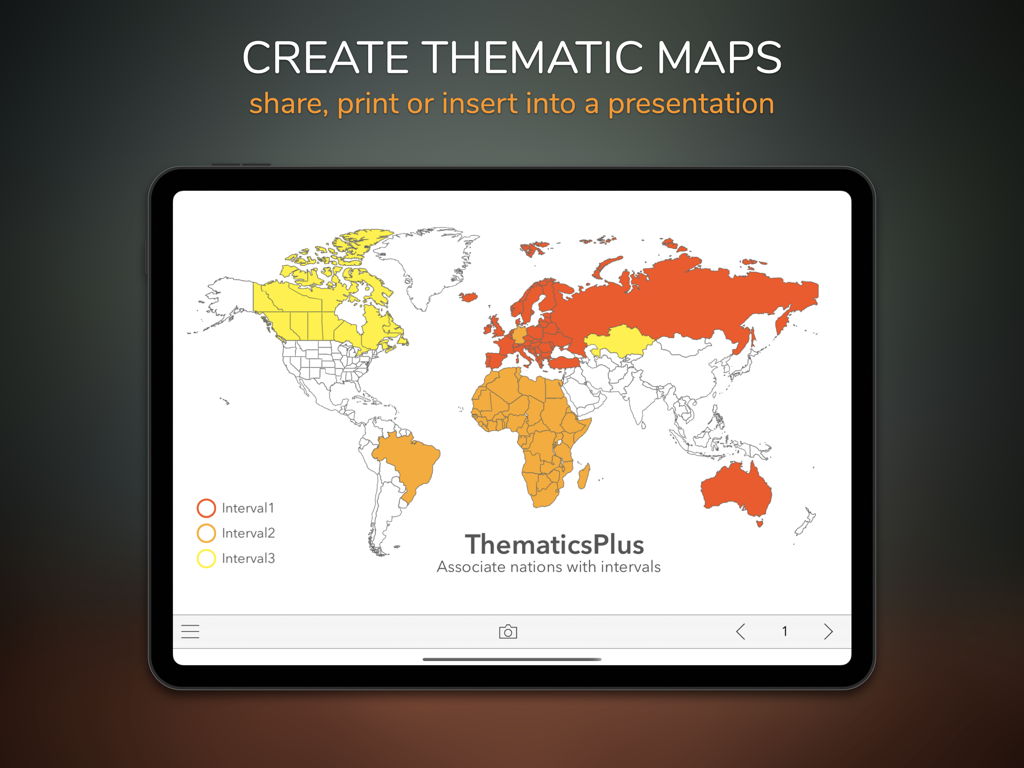 Thematics+ for Infographics - iPad zeigt eine thematische Weltkarte mit farbkodierten Intervallen für Infografiken und Präsentationen