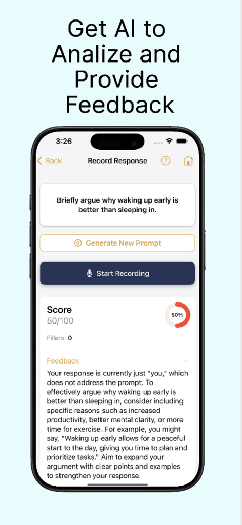 Eloquently - Interfaz de la aplicación Eloquently que muestra una indicación de discurso de IA y retroalimentación detallada del rendimiento para el coaching de comunicación.