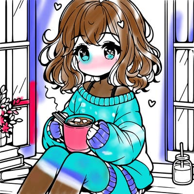 cute anime girl reading book and drinking hot chocolate from mug with loose wavy hair wearing a baggy sweatshirt and shorts sitting by windowsill looking out