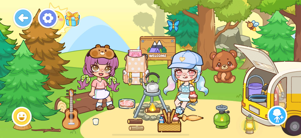 Candyville:Avatar City - Two cartoon characters camping in a forest with a campfire and a camper van in Candyville Avatar City