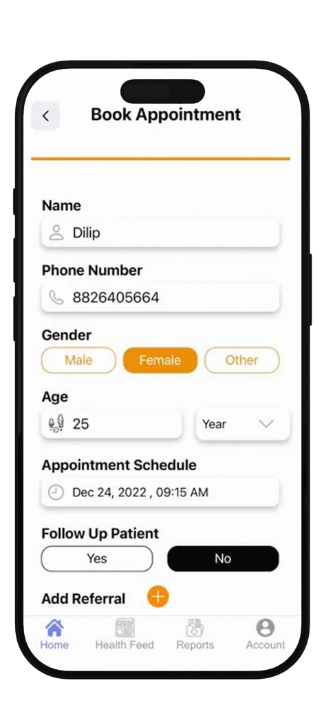 Doctors Appのモバイルインターフェースで、名前とスケジュールフィールドが表示された患者予約を予約します。