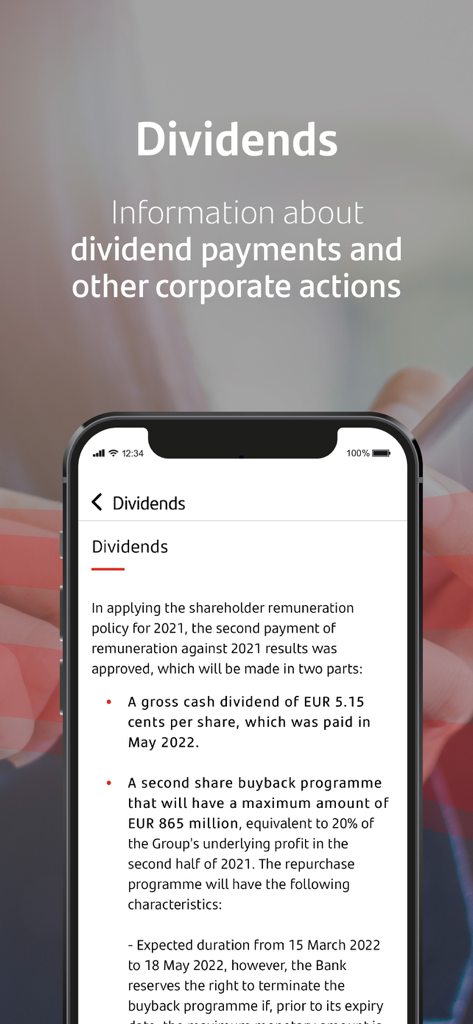 Santander Shareholder Investor app dividends and corporate actions screen