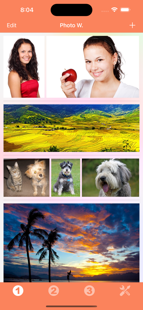 Photo Widget - Oberfläche der Foto Widget-App, die verschiedene Foto-Widget-Layouts mit Porträts, Landschaften und Haustieren anzeigt