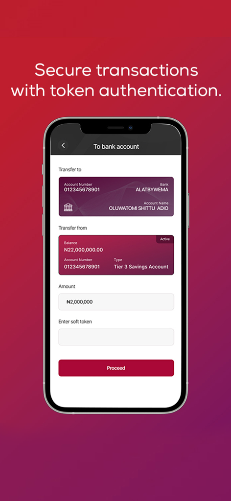 ALAT FOR BUSINESS - Secure business bank transfer interface on ALAT FOR BUSINESS app showing token authentication