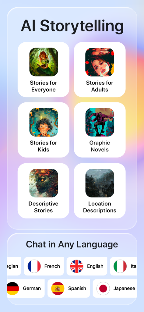 ChatBox AI app screen showing AI storytelling categories and multilingual chat support with flags.