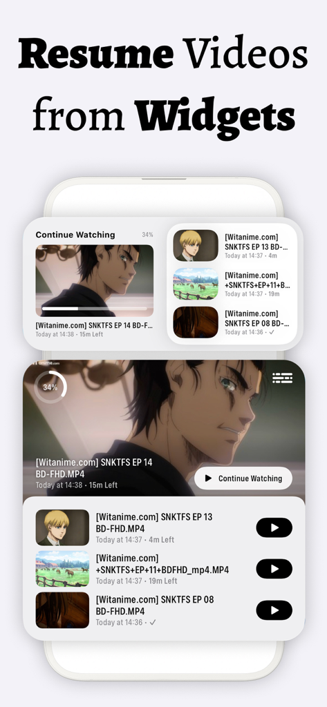 Sub AI - Video Translator - Capture d'écran d'une application mobile montrant la fonctionnalité Reprendre les vidéos depuis les Widgets avec une liste Continuer à regarder et un suivi de la progression des vidéos.