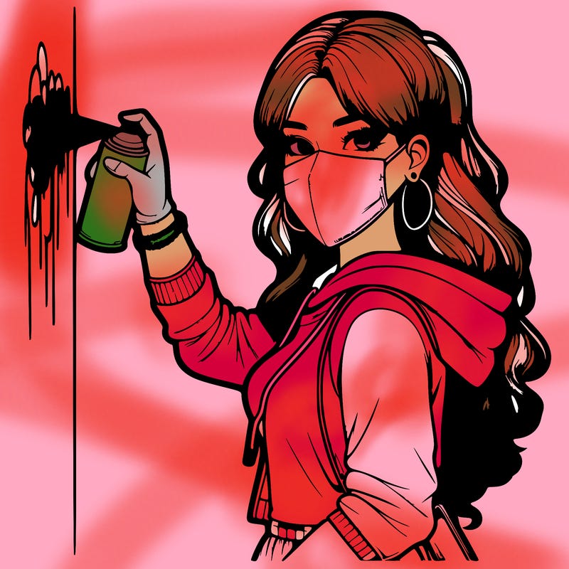 realistic girl with mask spray painting a wall