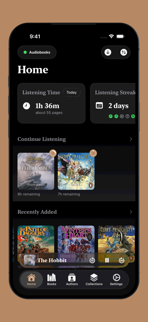 Prologue Audiobook Player - La schermata principale dell'app Prologue Audiobook Player che mostra statistiche di ascolto e libri riprodotti di recente.