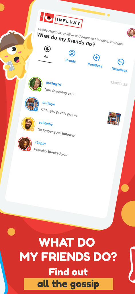 Influxy app screen showing social media activity updates including new followers and blocked status.