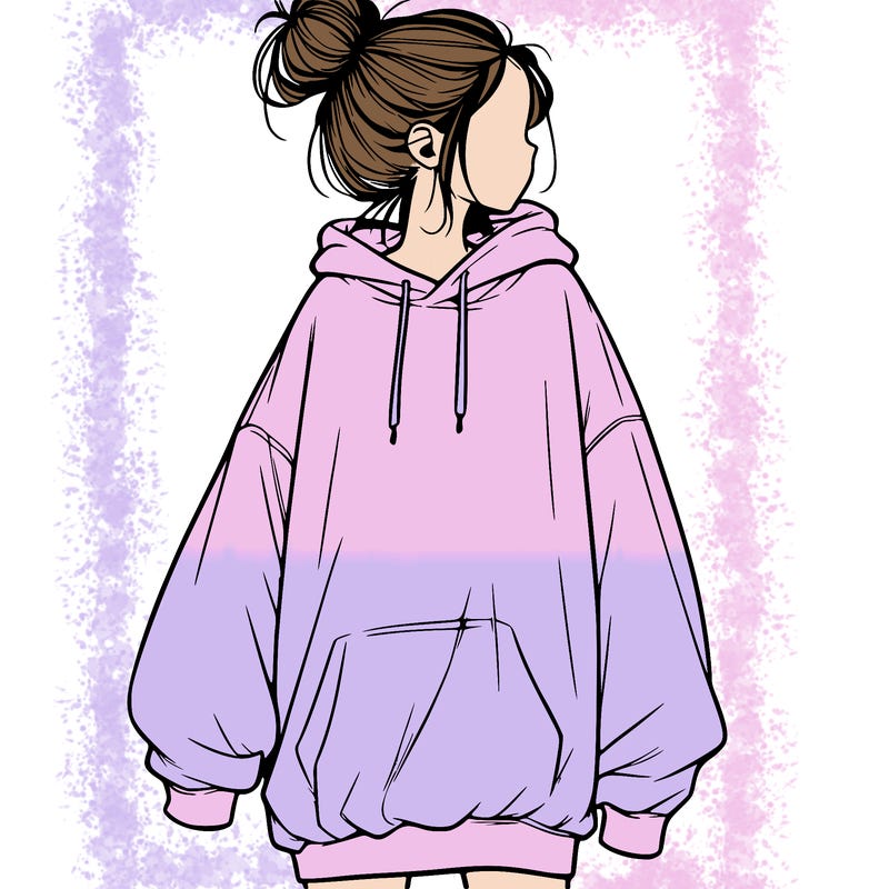 realistic girl with a oversized sweatshirt on and a bun