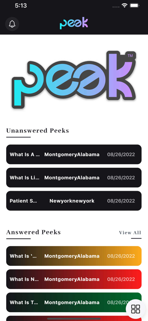 The Peek App - The Peek App dashboard showing lists of unanswered and answered medical discharge queries for locations like Montgomery Alabama and New York.