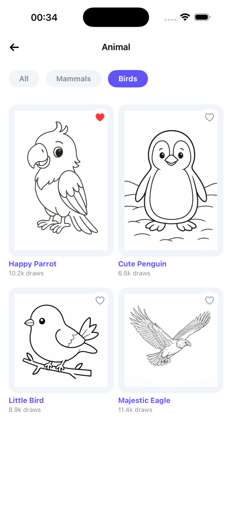 AR Drawing: Trace & Sketch - AR描画で、オウム、ペンギン、小鳥、ワシを含む一連の鳥のスケッチテンプレート。