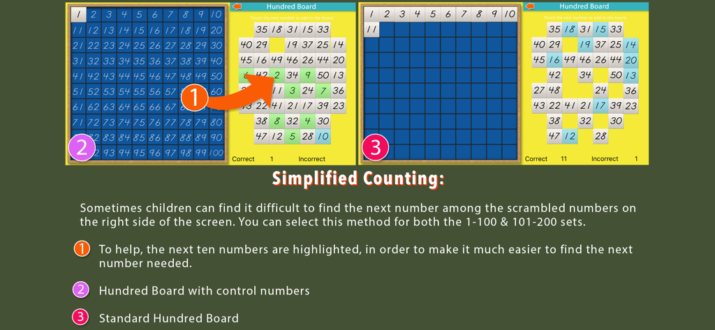 Hundred Board School Edition - Educational guide showing simplified counting features and board variations in the Hundred Board School Edition app.