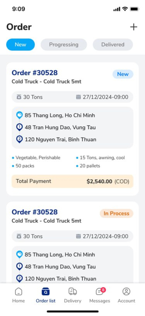 TNG Member - Bildschirm zur Bestellverwaltung in der TNG Mitglied Logistik-App, der den Lieferstatus und die Versanddetails anzeigt