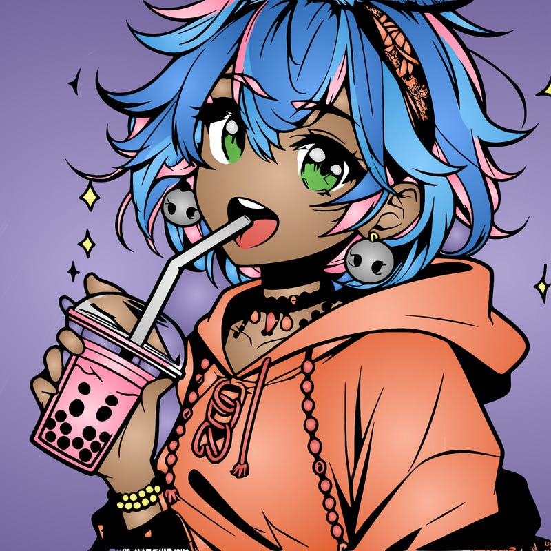 hot baddie anime girl drinking boba and biting the straw