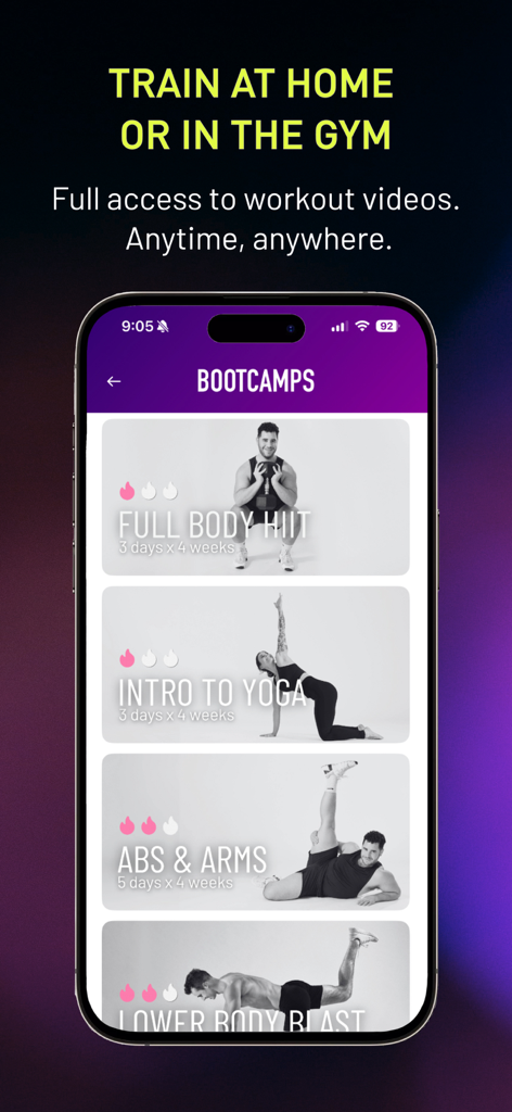 Una interfaz de aplicación móvil que muestra una lista de categorías de ejercicios tipo bootcamp que incluyen HIIT de Cuerpo Completo, Introducción al Yoga y Abdominales y Brazos.