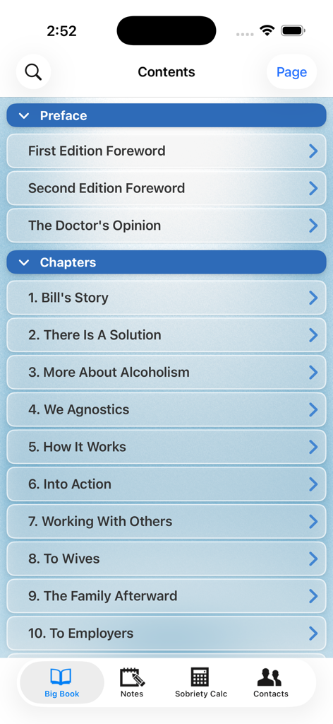 12 Steps Companion AA Big Book - Table of contents showing chapters of the AA Big Book app
