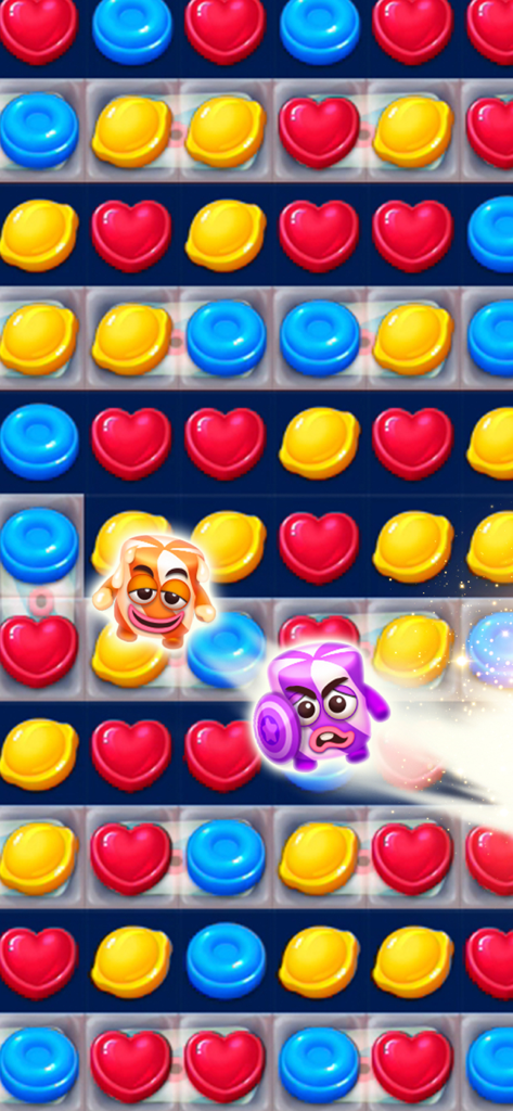 Lollipop2 & Marshmallow Match3 - Gameplay screen showing a grid of heart and candy shapes with two marshmallow characters in a match 3 puzzle