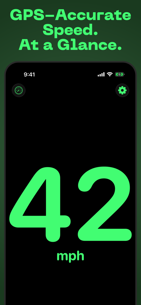 eyeSpeed Speedometer - Interface minimalista de alto contraste do eyeSpeed mostrando 42 mph em grandes números verdes