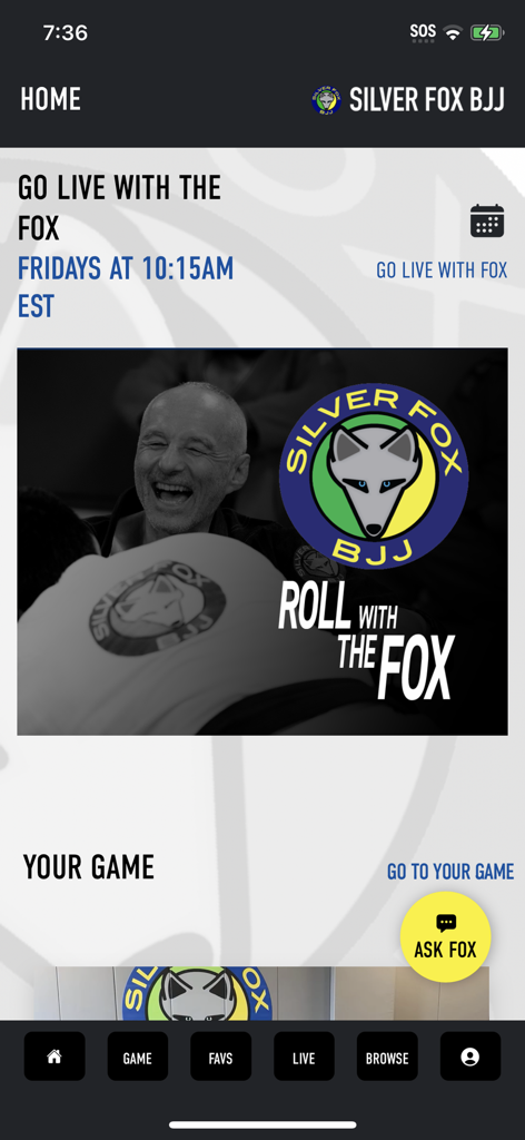 Silver Fox BJJ mobile app home screen showing live session announcements and navigation menu
