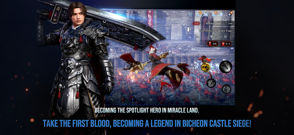 Warrior character and large scale battle in MIR4 Bicheon Castle Siege