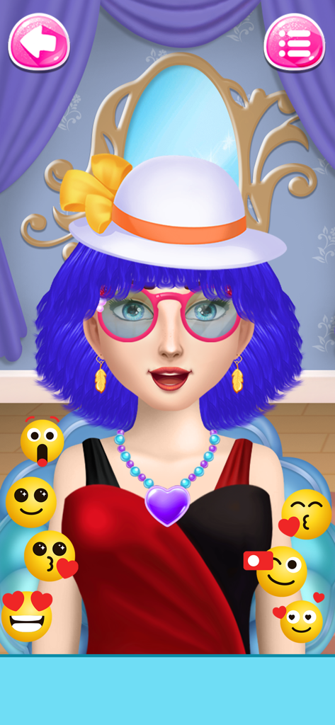 Hair Salon Games: Hair Spa - Um personagem estilizado com cabelo azul e um chapéu branco em um jogo de transformação de moda