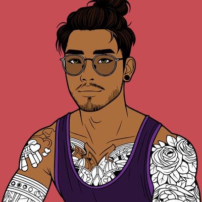 young attractive asian man with a man-bun, glasses, and tattoo's