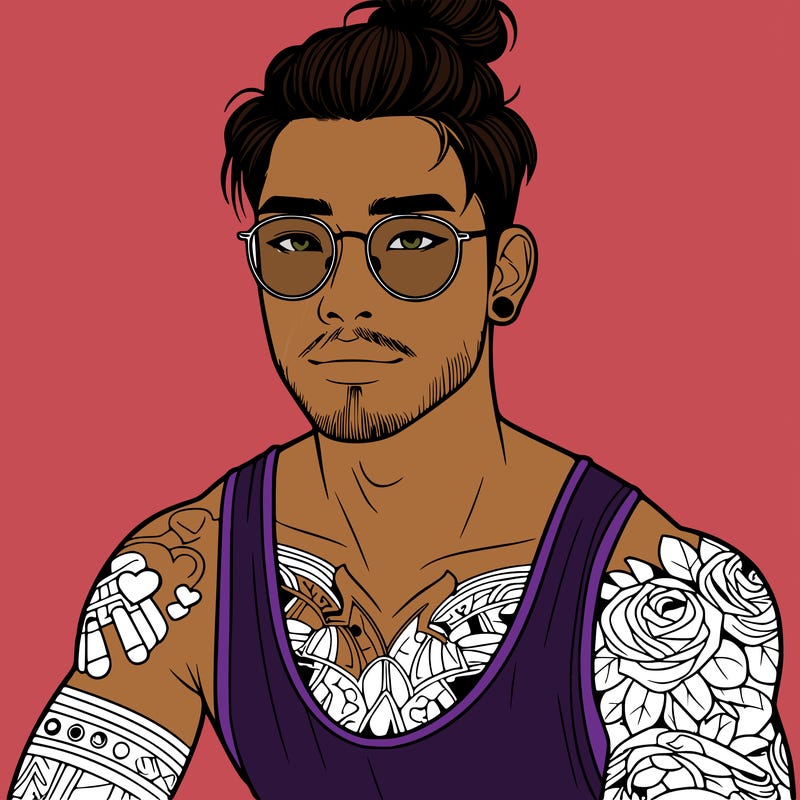 young attractive asian man with a man-bun, glasses, and tattoo's