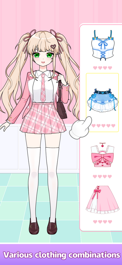 Which Dress? Left or Right - A blonde anime character wearing a school uniform with a sidebar showing various clothing combinations and accessories.