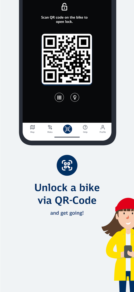 StadtRAD Hamburg - StadtRAD Hamburg app screen showing how to unlock a bike by scanning a QR code.