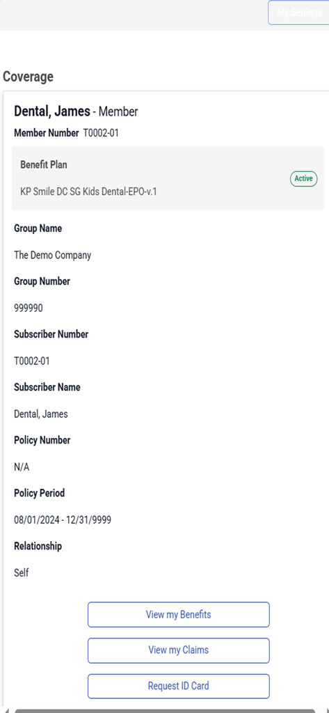 LIBERTY Dental app Coverage screen showing member benefit plan details and active status.