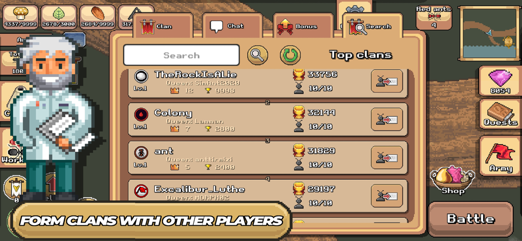 A screen from Pocket Ants Colony Simulator showing the top clans leaderboard and recruitment menu.