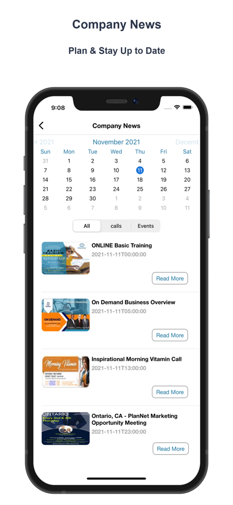 PlanNet Marketing Reps - PlanNet Marketing Reps app interface displaying the Company News section with a calendar and list of upcoming training events and calls