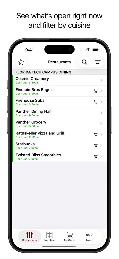 Florida Tech Campus Dining - Florida Tech Campus Dining app displaying a list of campus restaurants and their opening hours