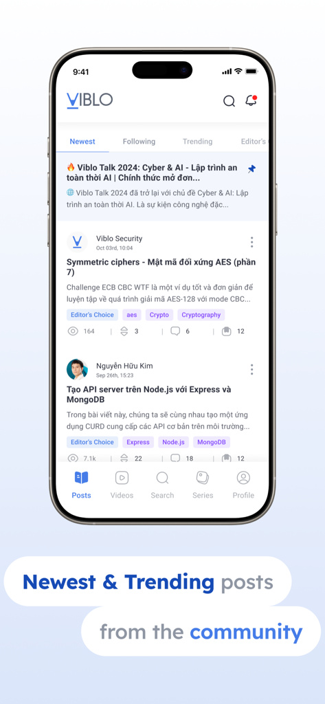 Viblo - Viblo App: Oberfäche, die einen Feed mit den neuesten und trendigsten technischen Artikeln für Entwickler anzeigt