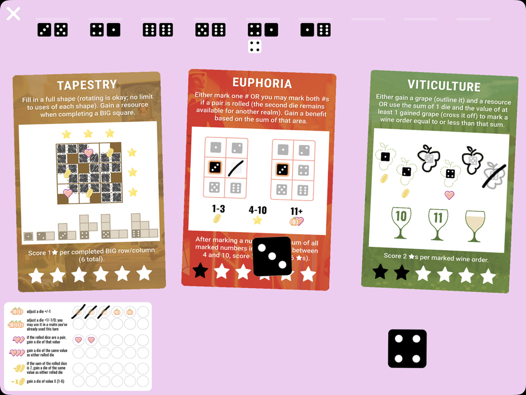 Rolling Realms - Rolling Realms gameplay interface displaying Tapestry Euphoria and Viticulture realm cards