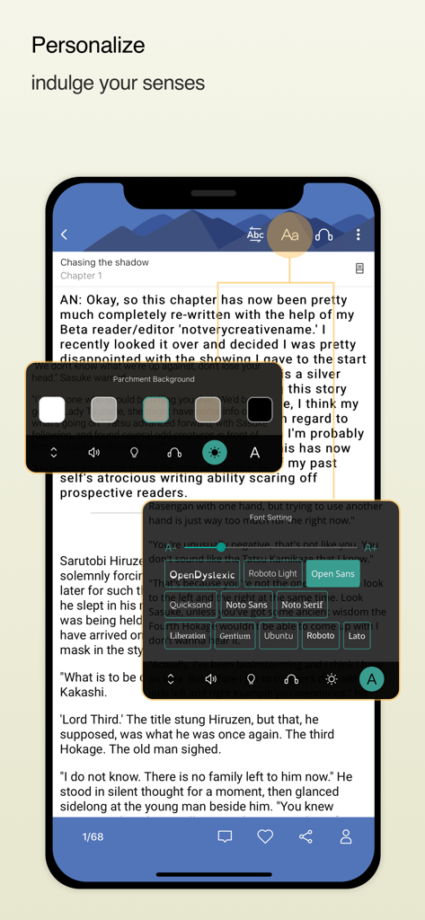 Interfaccia dell'app mobile FanFiction.Net che mostra le opzioni di personalizzazione del carattere e del colore di sfondo per la lettura delle storie