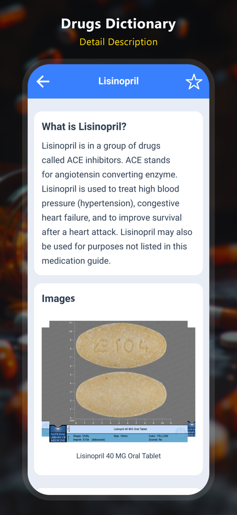 Drugs Dictionary - Offline - A detailed medical description and pill image for Lisinopril medication within the Drugs Dictionary app.