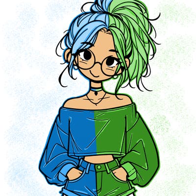 girl with a messy ponytail glasses a baggy crop top and jean shorts