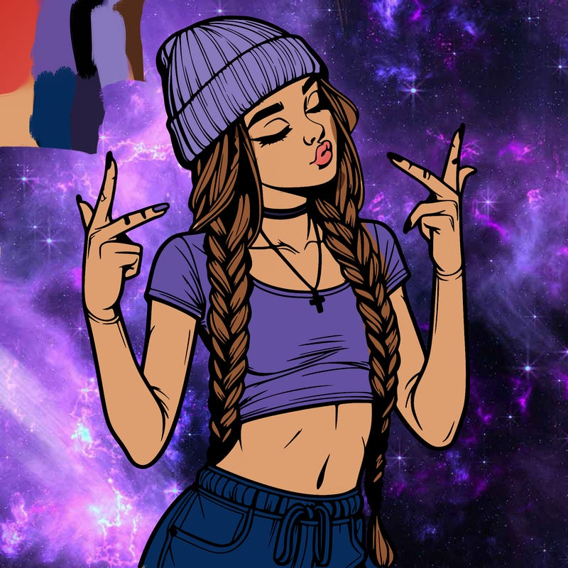 realistic teenage girl with braids and a beanie and crop top doing 🫶🏼