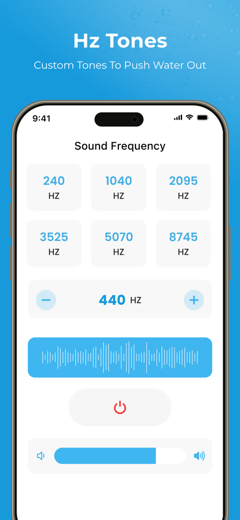 Water Ejector : Water Eject - Interface of Water Ejector app showing adjustable sound frequency settings to remove water from phone speakers