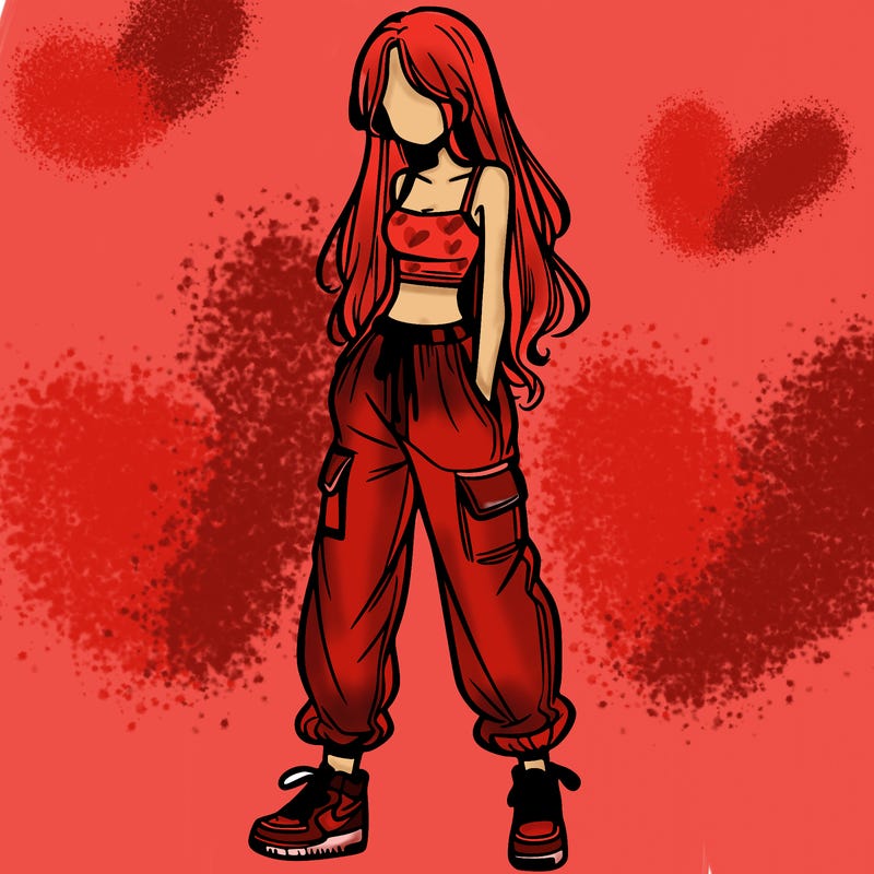 girl in baggy pants crop top and long hair