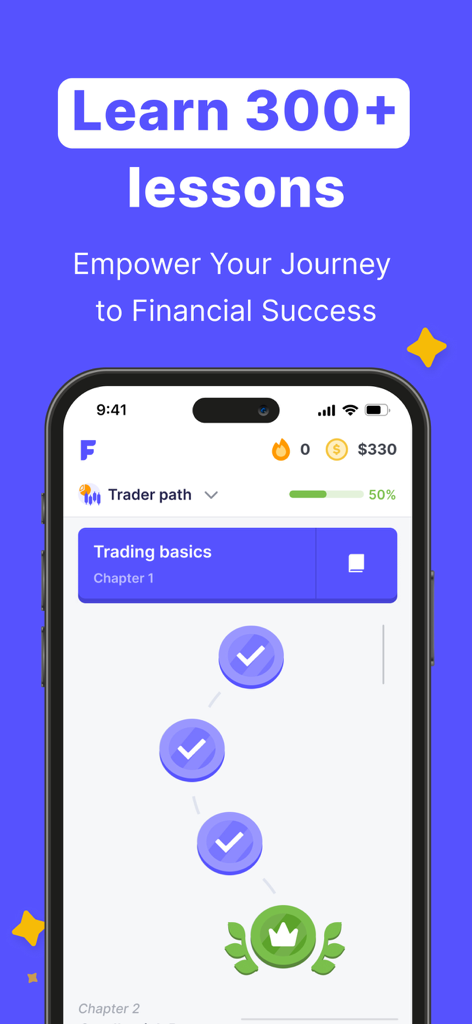 Finelo app interface showing a gamified learning path for trading basics and progress tracking.