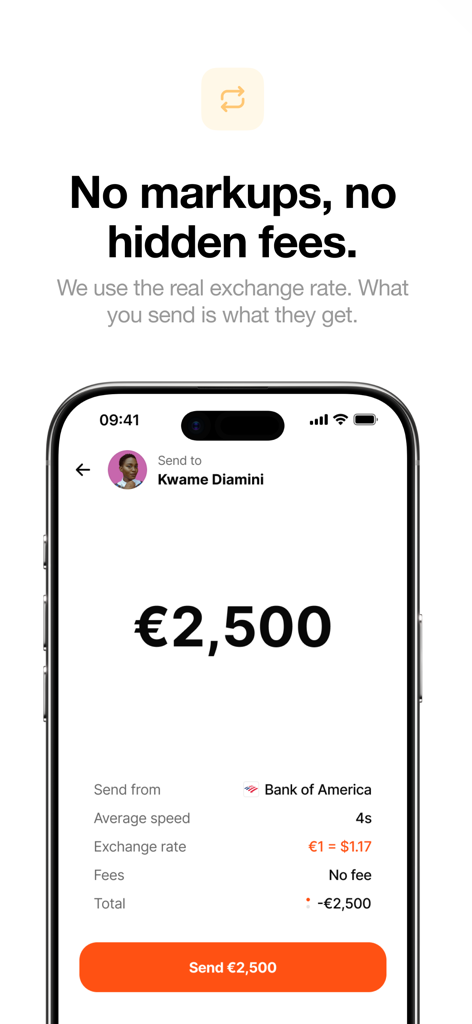 Captura de pantalla de la aplicación Sling Money mostrando una transferencia internacional de 2.500 euros con cero comisiones y tipos de cambio en tiempo real