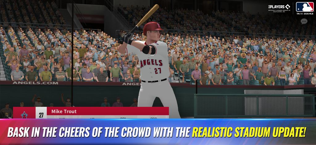 Mike Trout at bat in a crowded realistic stadium in MLB 9 Innings 26
