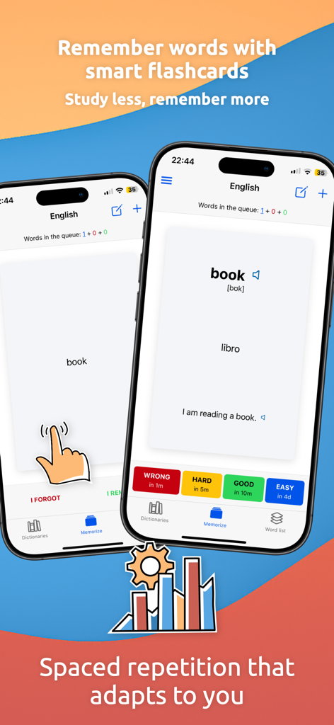 EveryWord: Memorize by Heart - EveryWord app interface showing smart flashcards with spaced repetition feedback buttons