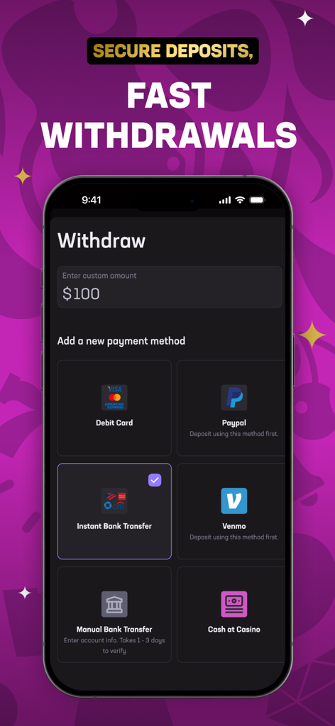 Hard Rock Bet mobile app withdrawal interface displaying multiple payment options like PayPal Venmo and bank transfer