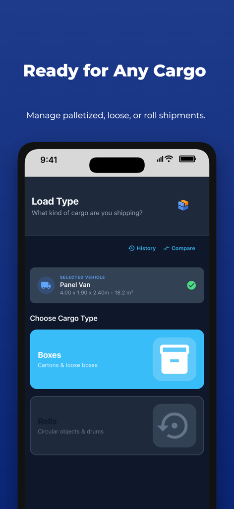 CargoFit Load Planner - Interfaz de la aplicación CargoFit para seleccionar tipos de carga como cajas y rollos para la planificación de envíos